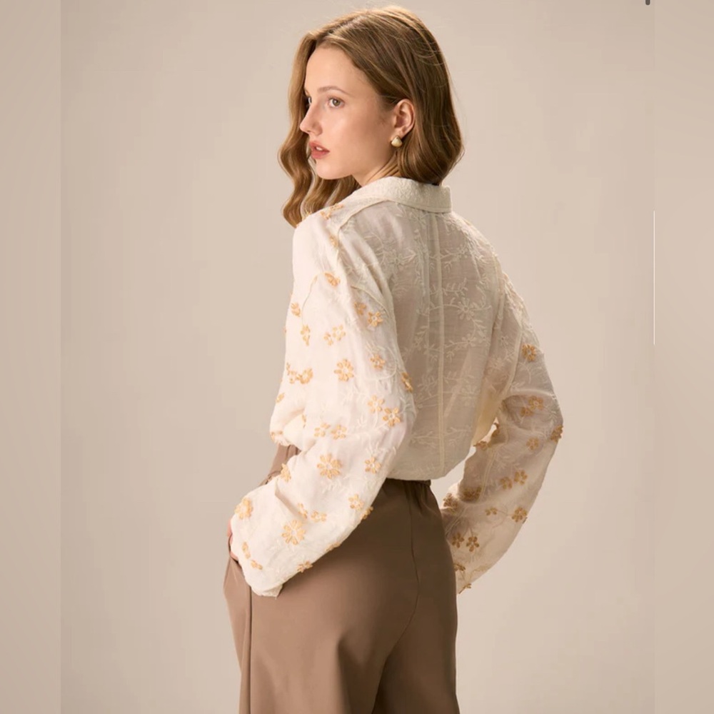 NWT RIHOAS Women's Apricot Jacquard Cotton Long Sleeve Shirt Sz OS - Picture 3 of 8